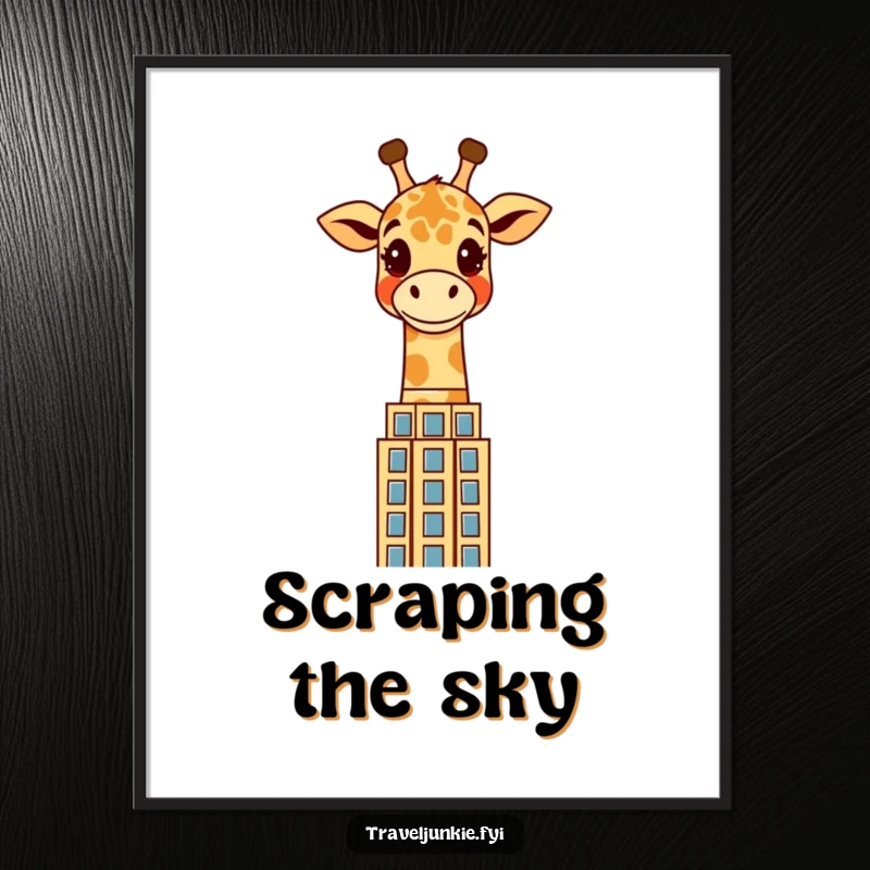 Funny giraffe digital art print featuring a cheerful character peering over a stylized skyscraper, perfect for instant, humorous city wall decor.