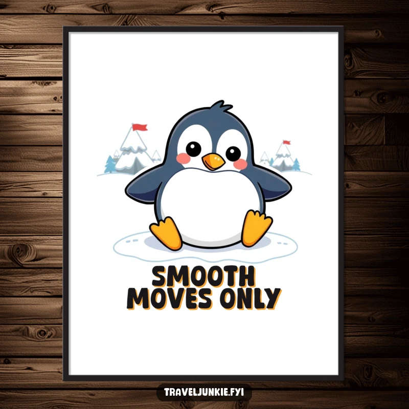 Funny penguin digital art print featuring a playful character sliding on an icy graphic, perfect for instant, humorous winter wall decor.