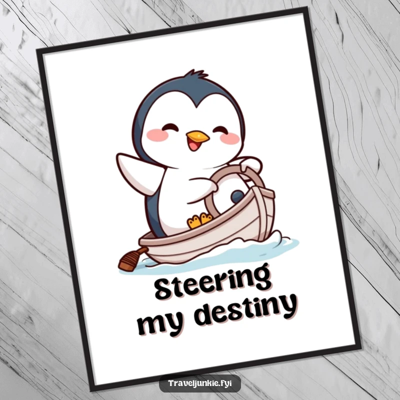 Funny digital art print of a happy penguin character comically attempting to steer a tiny boat, full of effort.