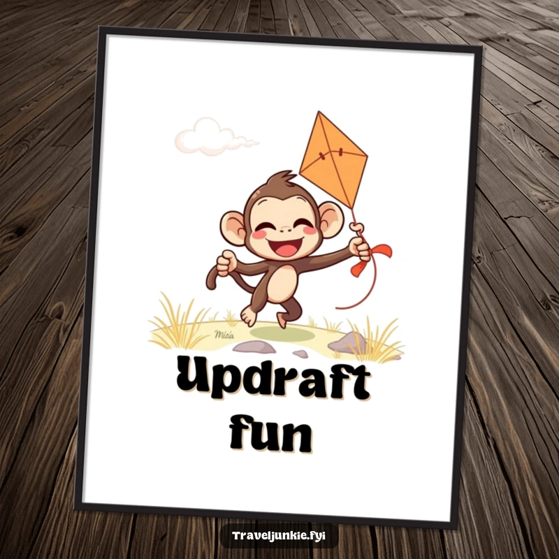 Funny monkey digital art print of a giggling character comically attempting to fly a kite on a windy day, capturing pure fun.