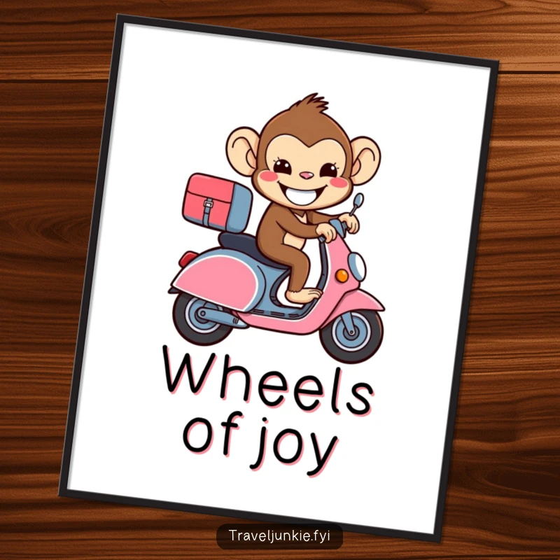 Funny beaming monkey riding a suitcase like a scooter, digital art print for humorous wall decor.