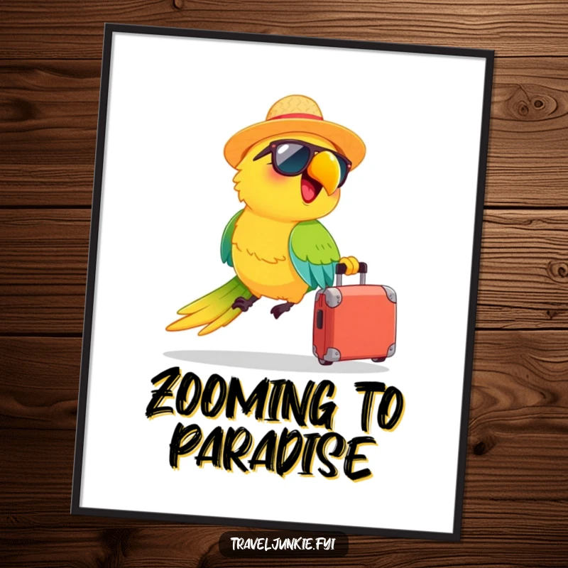 Funny digital art print: a happy parrot wearing a straw hat and sunglasses zooms with a suitcase, capturing cheerful vacation humor.