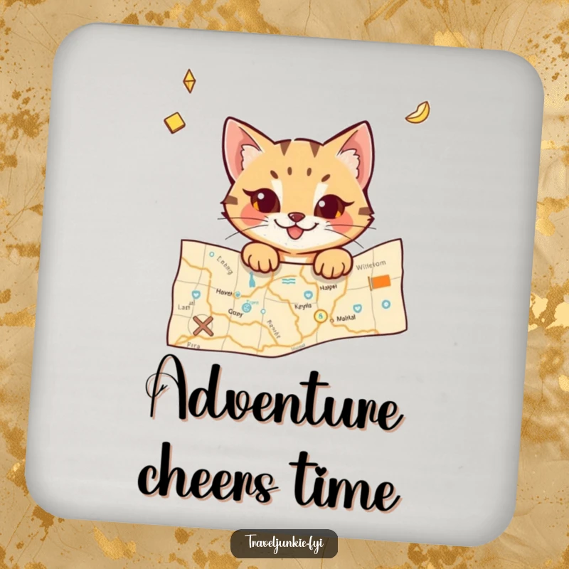 Funny cat coasters showcasing a mischievous character peeking from a travel map, ideal for protecting surfaces with a humorous travel touch.