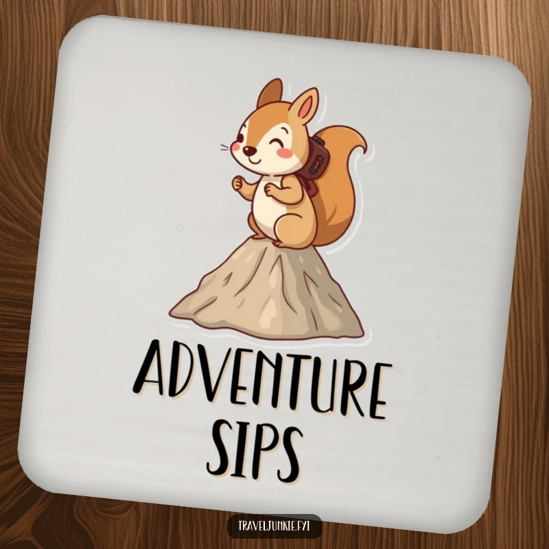Funny squirrel coaster, with a determined squirrel hiking up a small mountain, adding a touch of adventure.