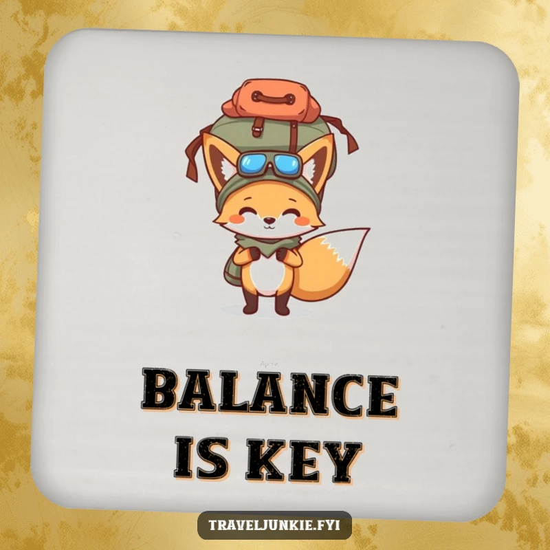 Funny drink coasters featuring a determined fox balancing an overflowing travel bag, a humorous addition to any table setting.