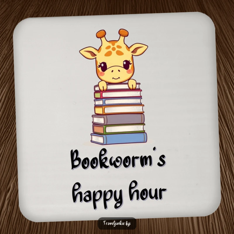 Funny giraffe coaster, with a smiling giraffe peering over a book stack, adding a touch of literary charm.