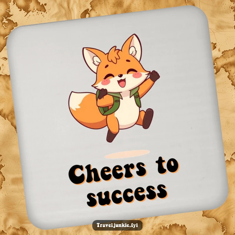 Funny Fox Jump Drink Coaster: A charming coaster featuring a playful fox with a backpack leaping triumphantly, ideal for celebrations.