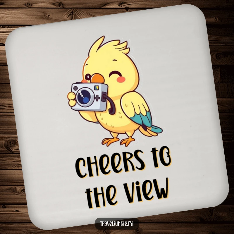 Funny drink coasters showing a cheerful parrot character holding a tiny camera, adding artistic and humorous flair to tables.