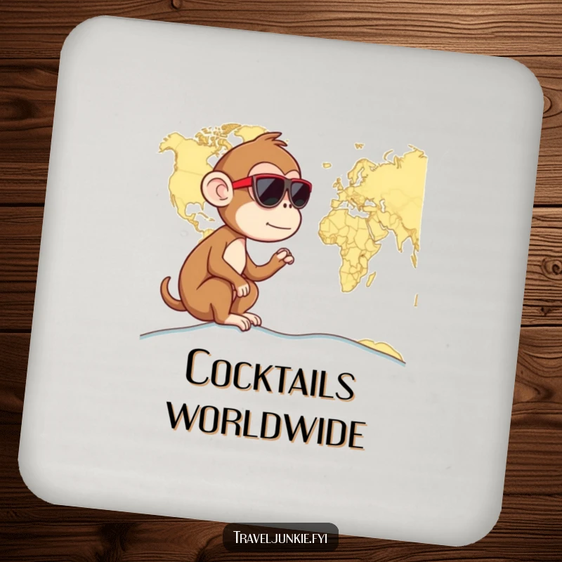 Funny monkey wearing sunglasses, looking at a world map, stylish coaster, perfect humorous gift for tables.