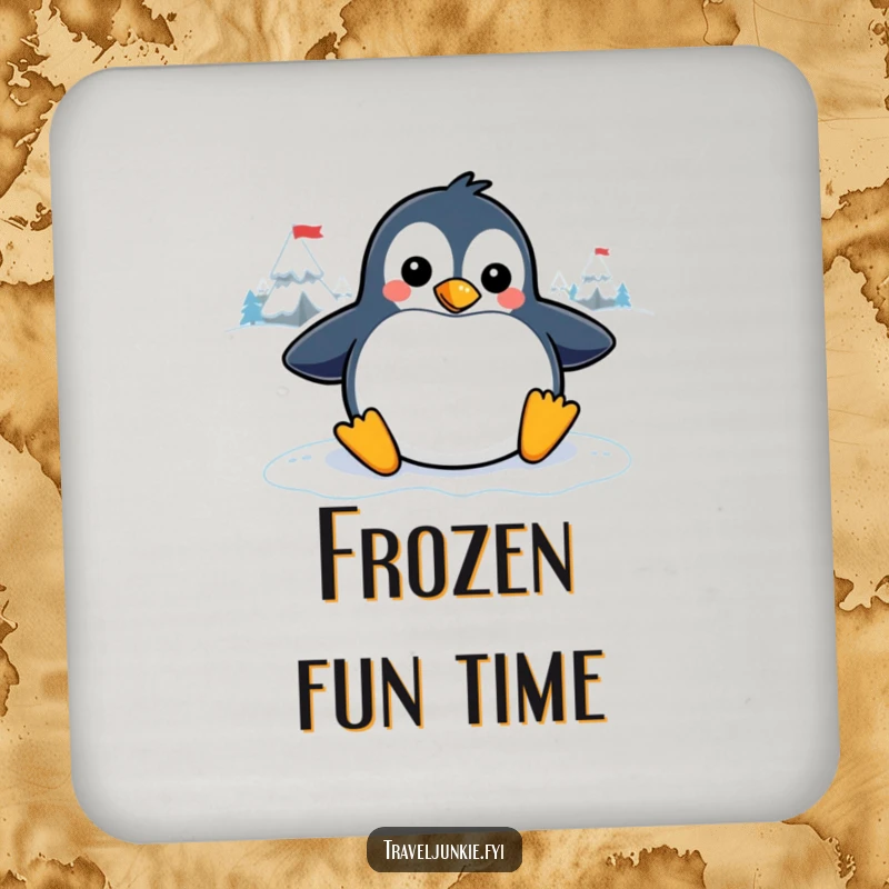 Funny penguin coasters showcasing a playful character sliding on an icy graphic, ideal for protecting surfaces with a humorous winter touch.