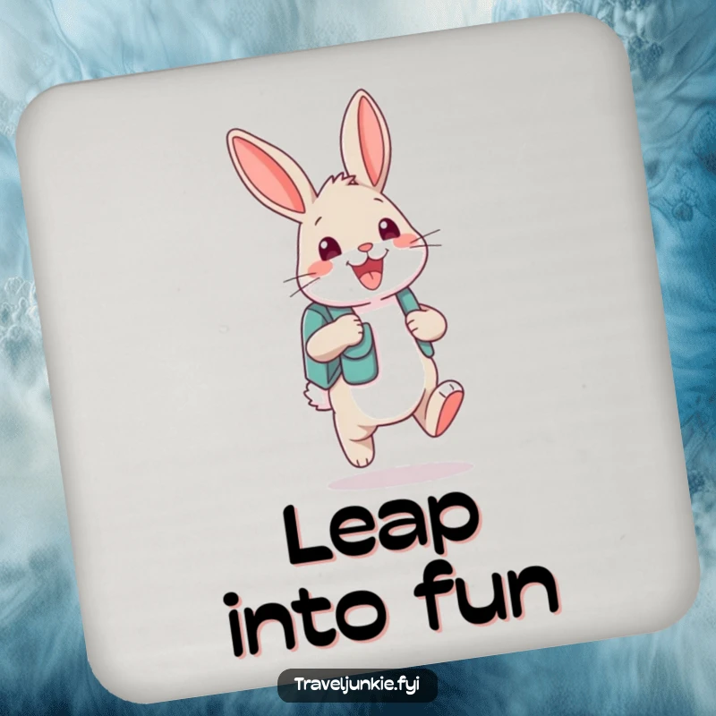 Funny bunny character with a backpack and grin on a protective drink coaster, a humorous home accessory.