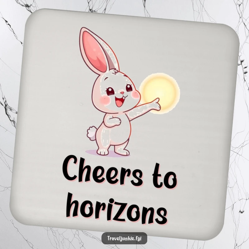 Funny drink coaster featuring a bunny pointing at a horizon, providing surface protection with an inspirational and humorous design.