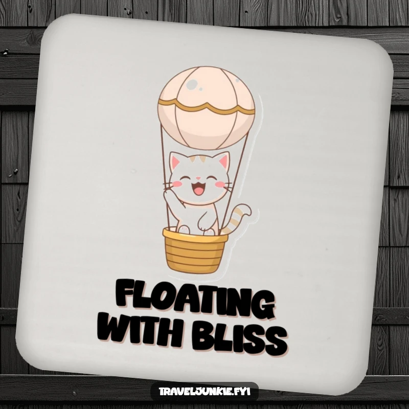 Funny cat drink coaster featuring a joyful character in a hot air balloon, adding humorous whimsy to beverage settings.