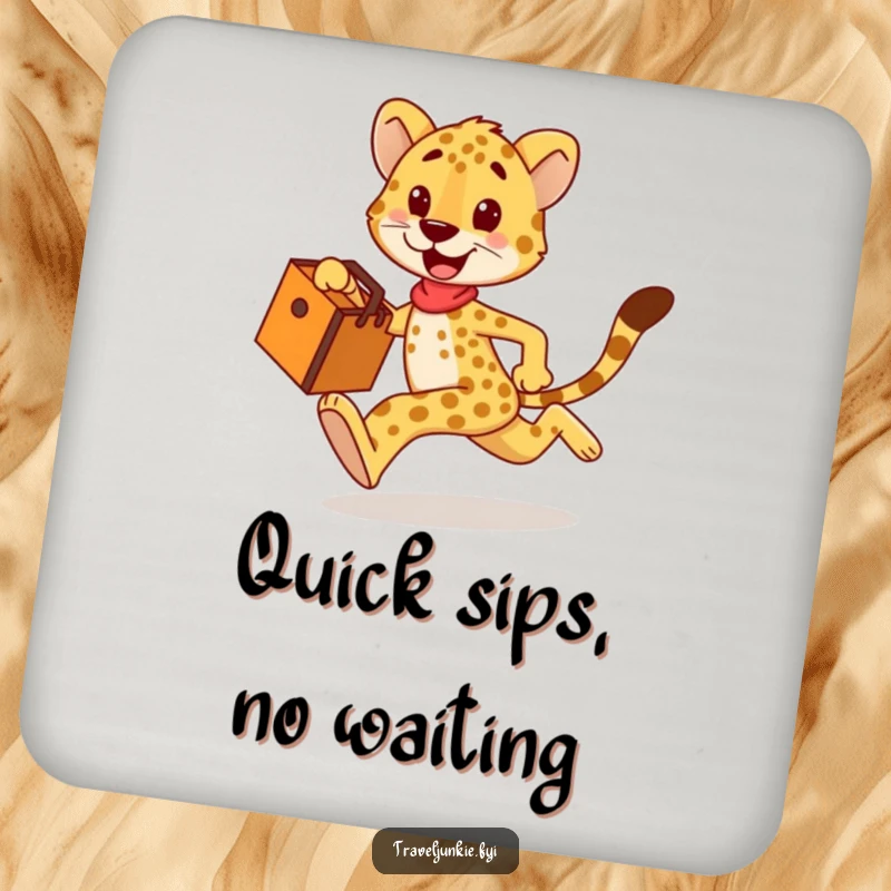 Funny cheetah coasters, set of drink coasters with a happy character sprinting with a travel bag, a humorous gift.