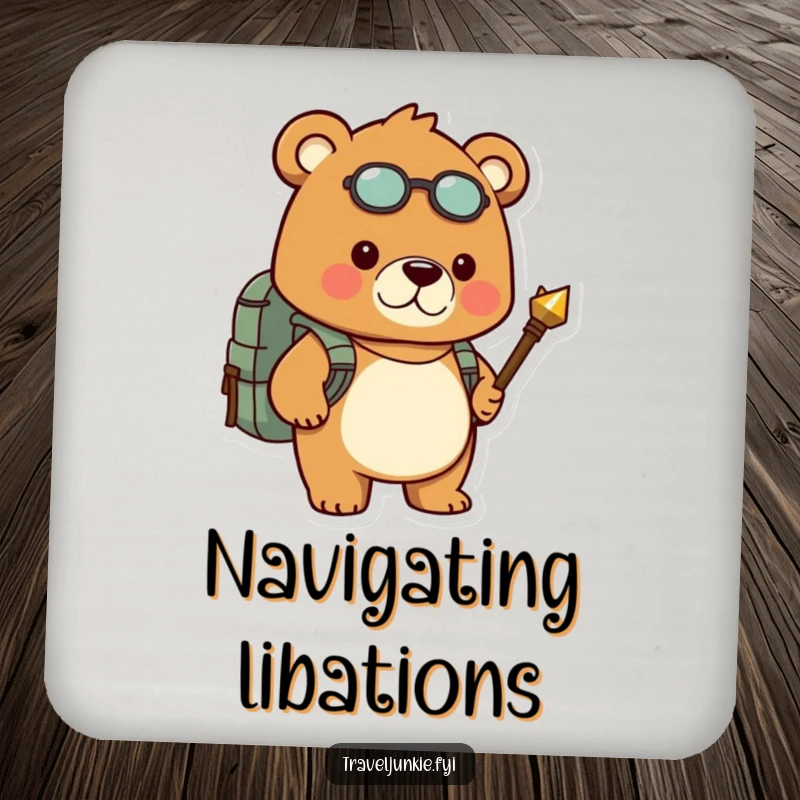 Funny coaster shows a determined bear with backpack and compass, offering protection with adventurous humor.