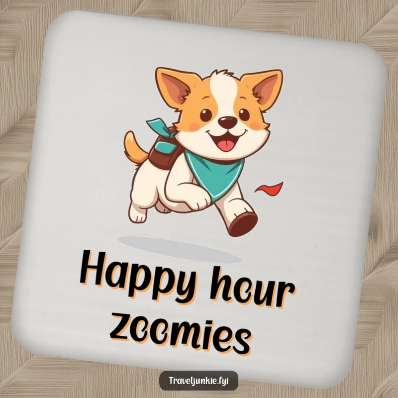 Funny energetic dog running with a bandana and backpack, stylish coaster, perfect humorous gift.