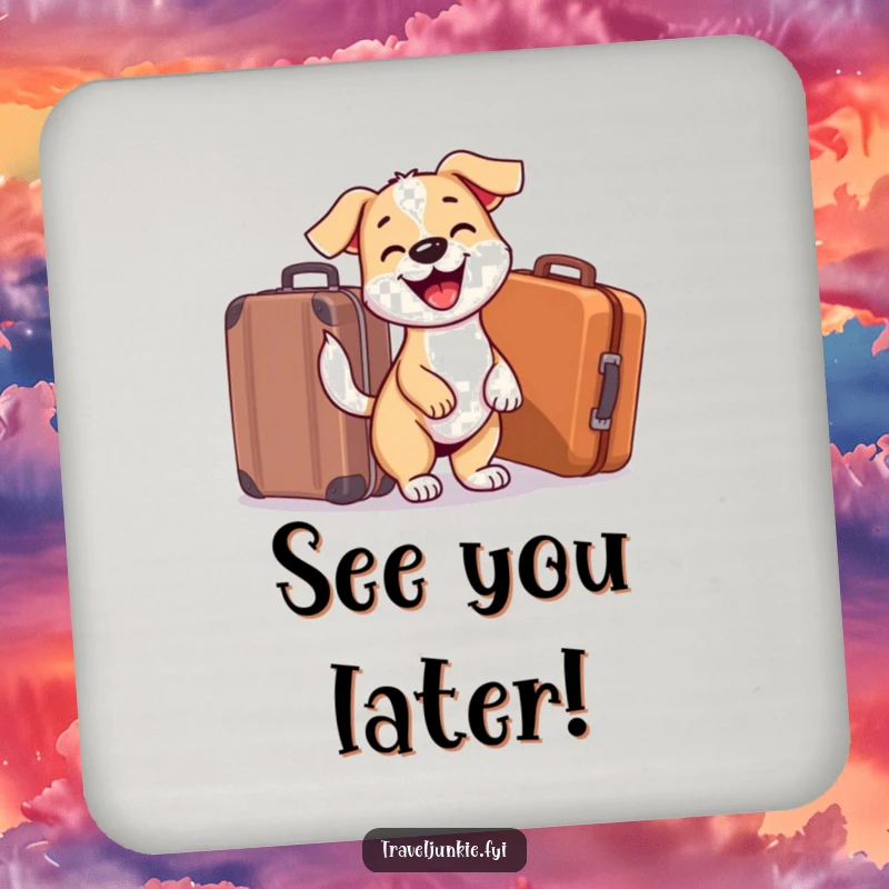 Funny Dog Coaster: Dog excited near a suitcase, protecting surfaces with a humorous design, perfect for travel-themed decor.