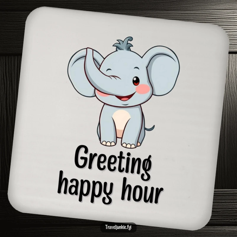 Funny Elephant Drink Coaster: A charming coaster featuring a smiling elephant character with its trunk raised in a friendly, welcoming greeting.