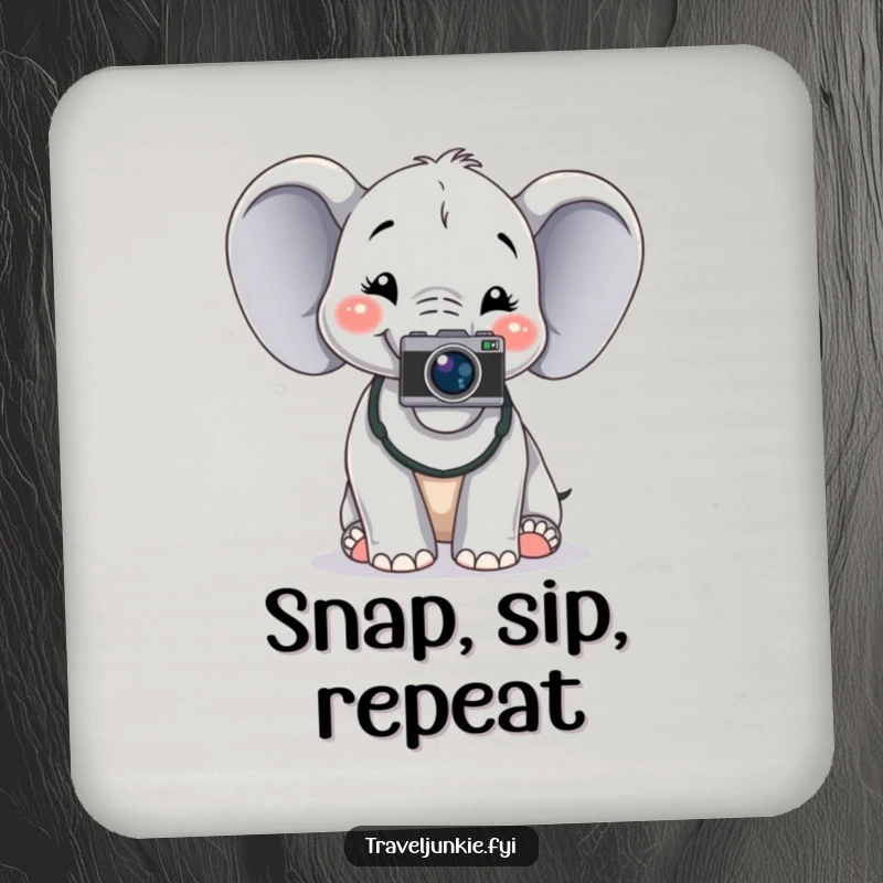 Funny elephant with a camera around its neck, posing for a photo, stylish coaster, perfect humorous gift.