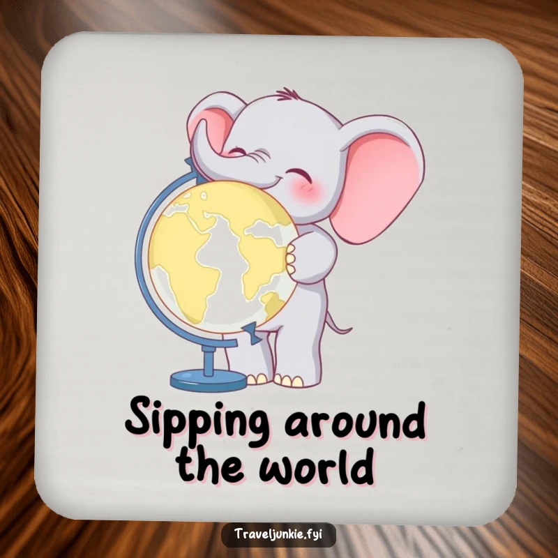 Funny Elephant World Traveler Coasters: A set of coasters featuring a cheerful elephant and a globe, adding global flair to drinks.