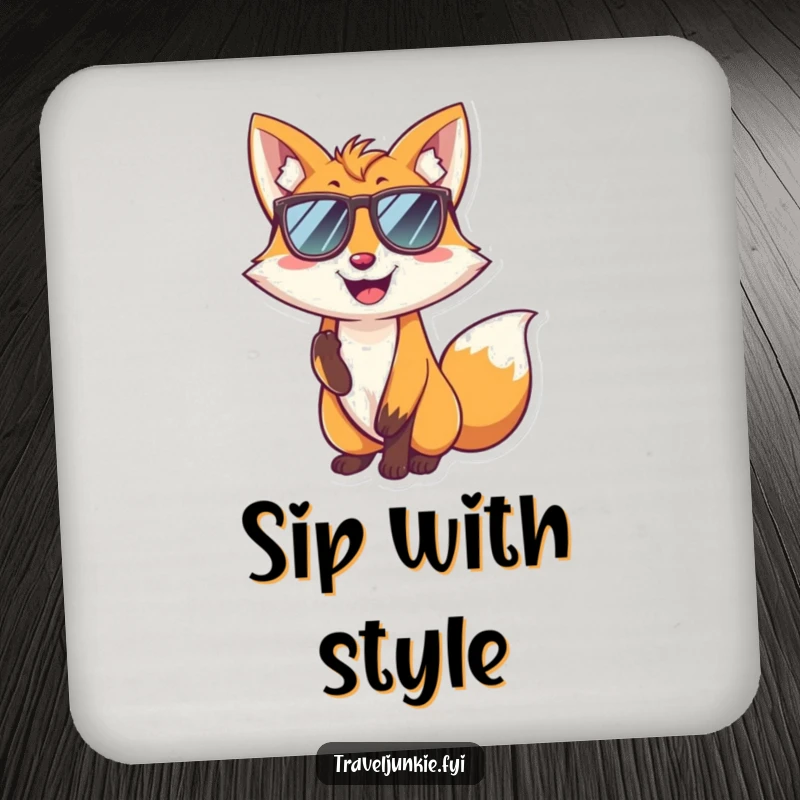 Funny fox drink coaster featuring a smiling character in sunglasses striking a cool pose, adding humorous style to beverage settings.