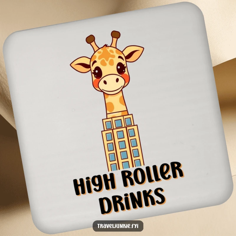 Funny giraffe coasters showcasing a cheerful character peering over a stylized skyscraper, ideal for protecting surfaces with a humorous urban touch.