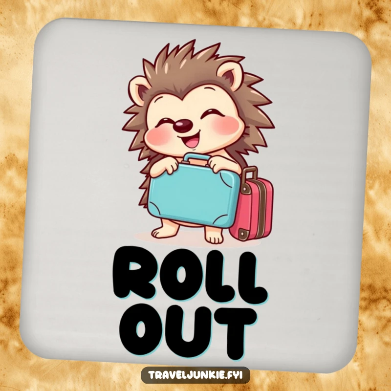 Funny hedgehog coaster with a cheerful character joyfully posing with a tiny suitcase, protecting furniture with travel charm.
