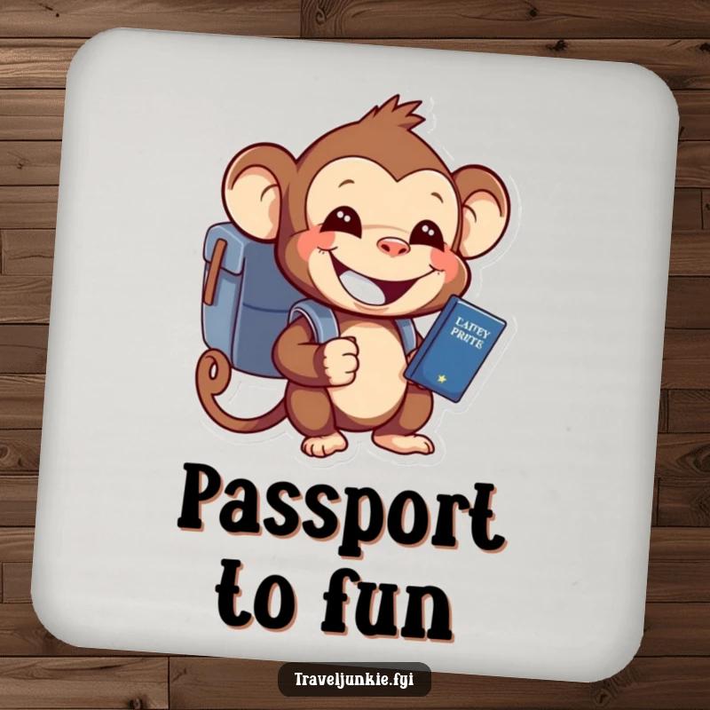 Funny monkey character holding a passport, grinning, ready for travel, on a protective drink coaster.