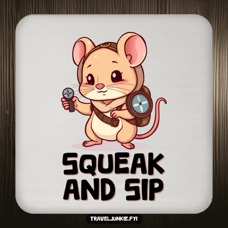 Funny Coaster: A little mouse wanderer navigates with a compass, adding humor to drink protection.