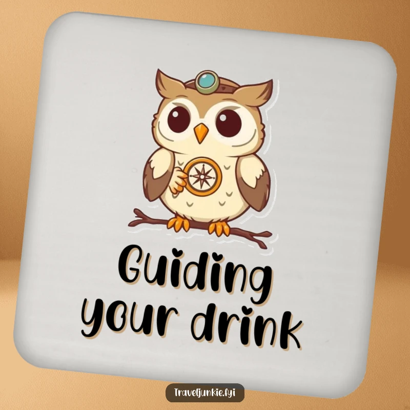 Funny Owl Navigator Coasters: A set of coasters featuring a determined owl with a compass, adding humor to drink service.