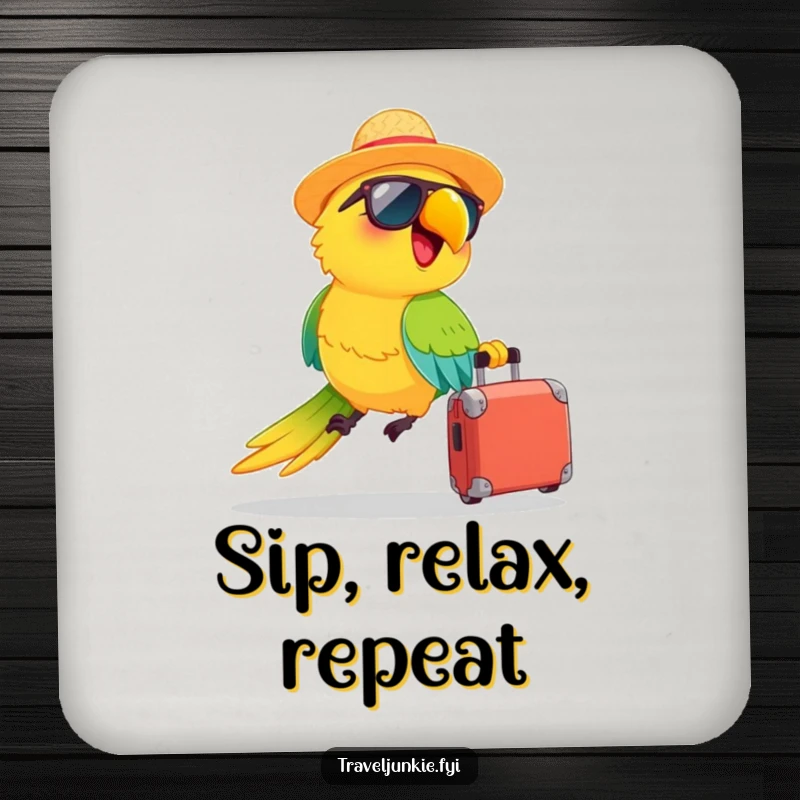 Funny coasters: a happy parrot wearing a straw hat and sunglasses zooms with a suitcase, protecting surfaces with tropical humor.
