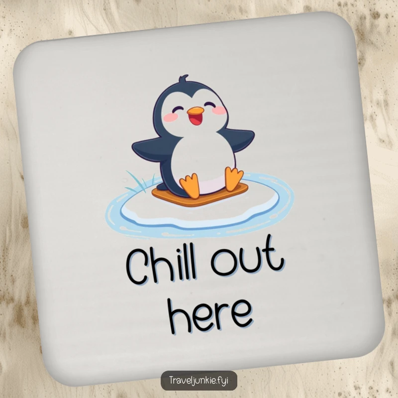 Funny drink coaster featuring a joyful penguin character sliding on a frozen lake, adding humor to beverages.