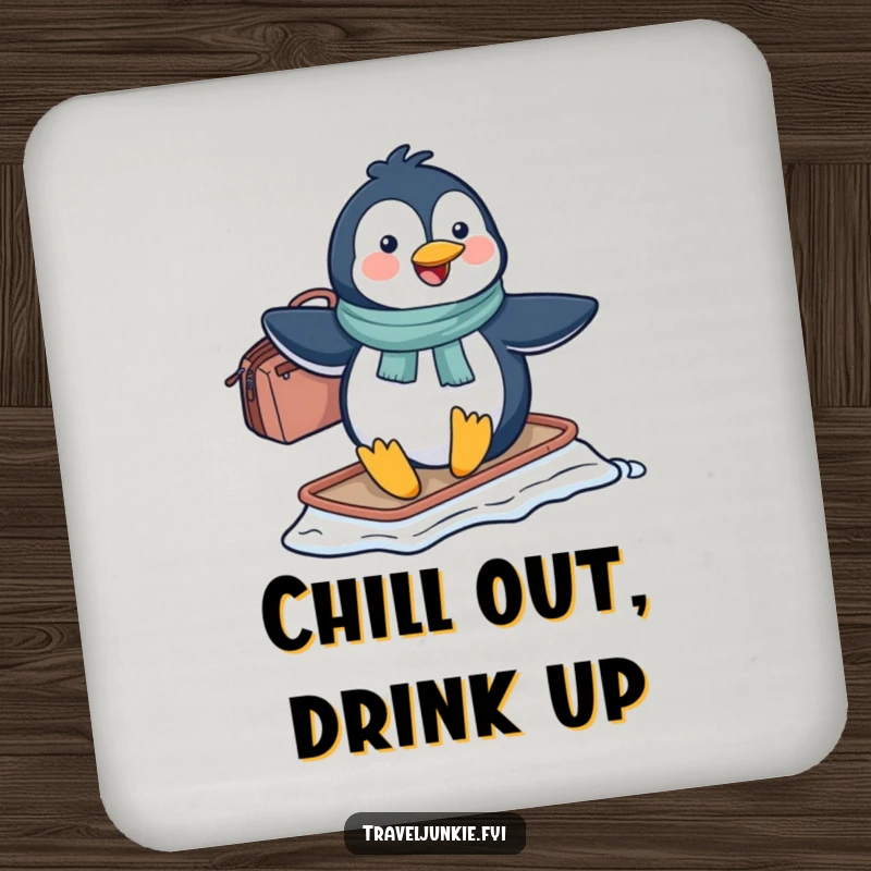 Funny penguin character sliding on ice with a travel bag, a humorous design for protecting surfaces, a funny gift coaster.