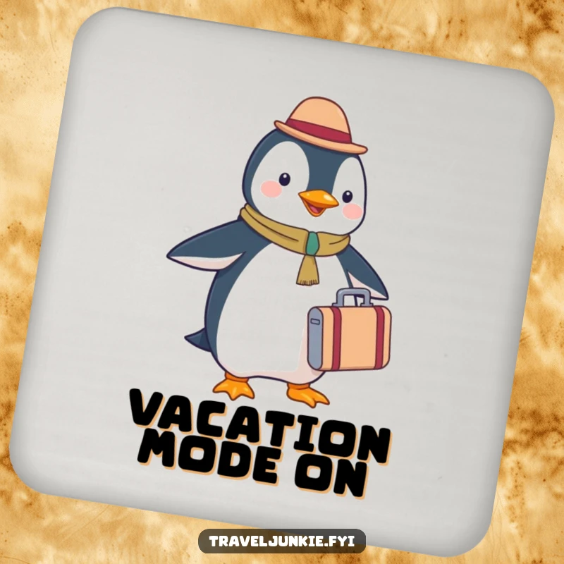 Funny penguin tourist coaster, happily holding a suitcase, protects furniture, adds cheerful travel flair.