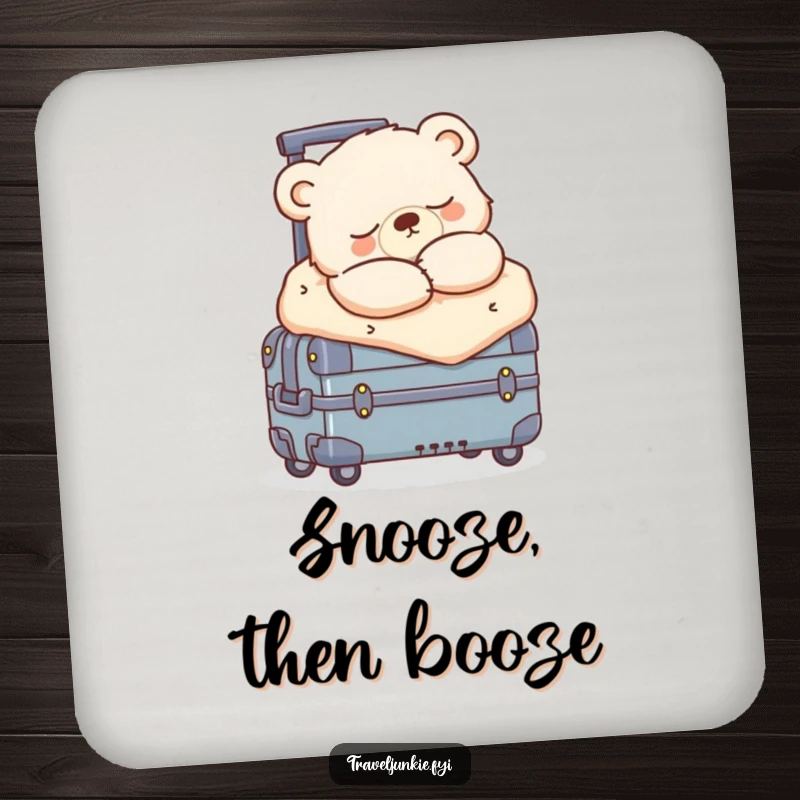 Funny sleepy bear cub snoozing, bundled on a rolling suitcase, a set of humorous coasters for drinks.