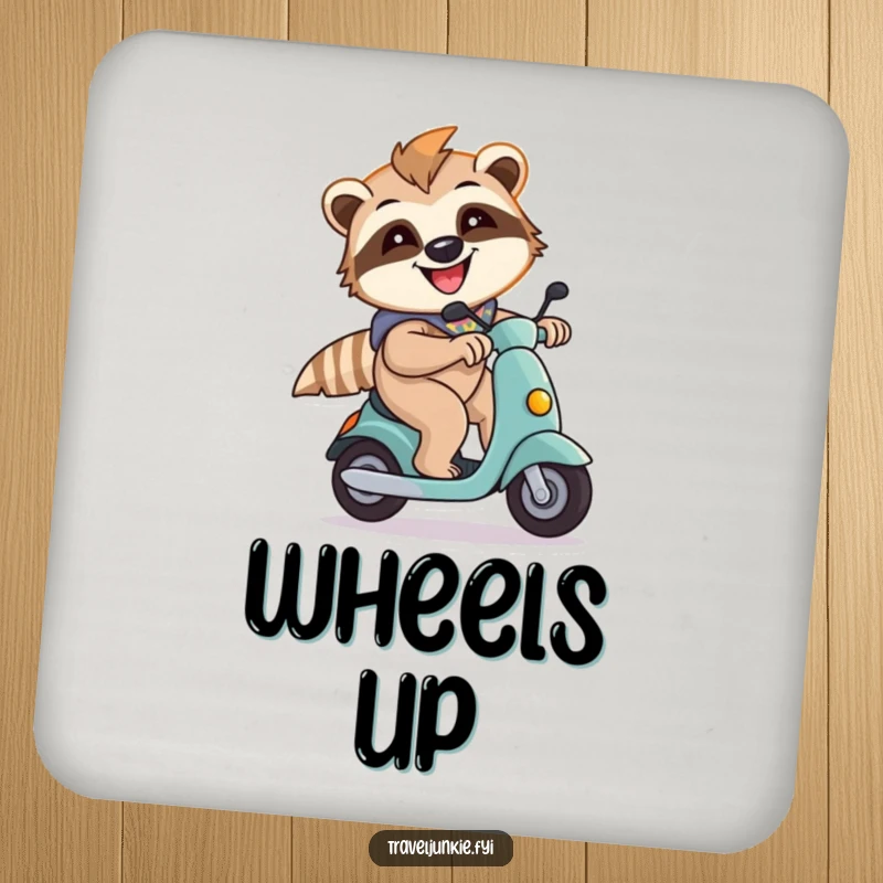 Funny sloth character zipping on a scooter, depicted on a drink coaster, protecting furniture with humor.