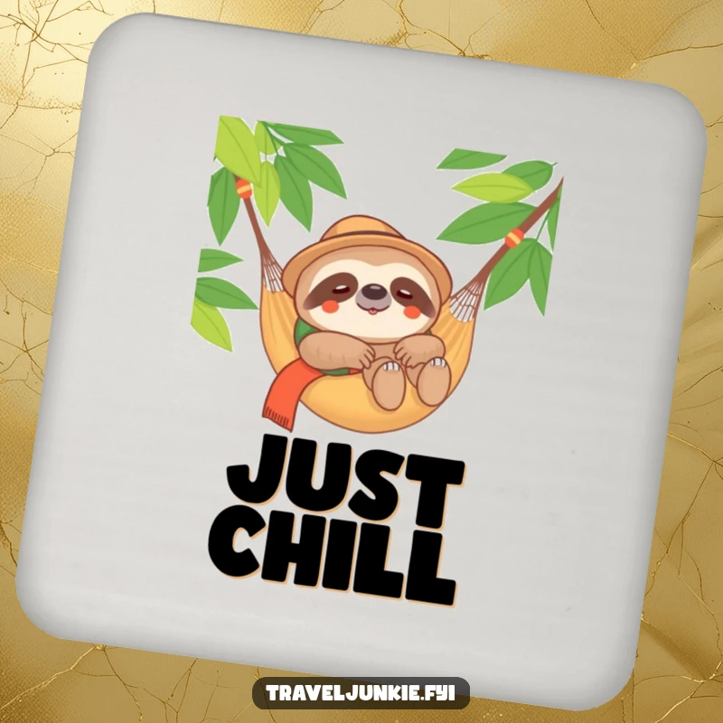 Funny Sloth Traveler Coasters: A set featuring a content sloth relaxing in a hammock, protecting surfaces with humor, a funny gift.