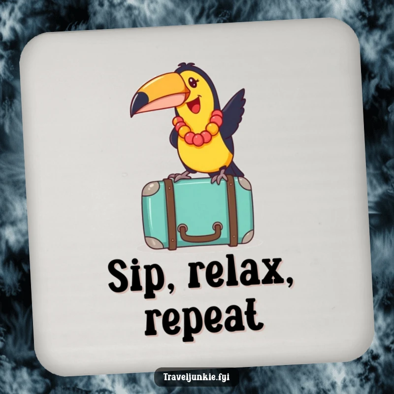 Funny toucan wearing a lei, joyfully balancing on a suitcase, a set of humorous coasters for drinks.