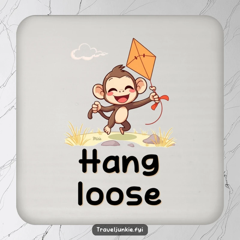 Funny monkey coaster with a giggling character comically attempting to fly a kite on a windy day, protecting surfaces with humor.