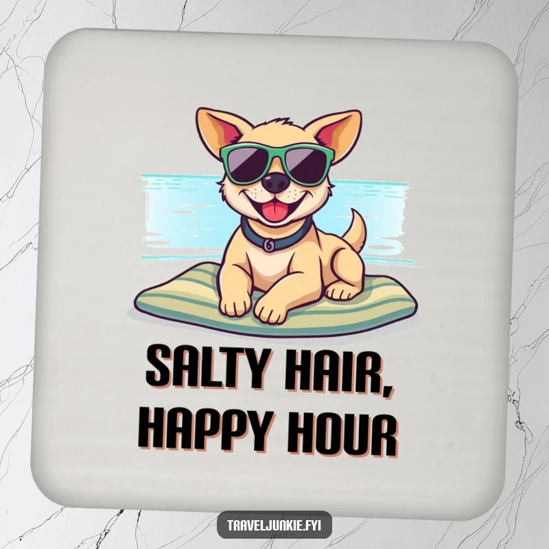 Funny drink coaster with a smiling dog wearing sunglasses on a beach, offering surface protection and a splash of funny, vacation art.