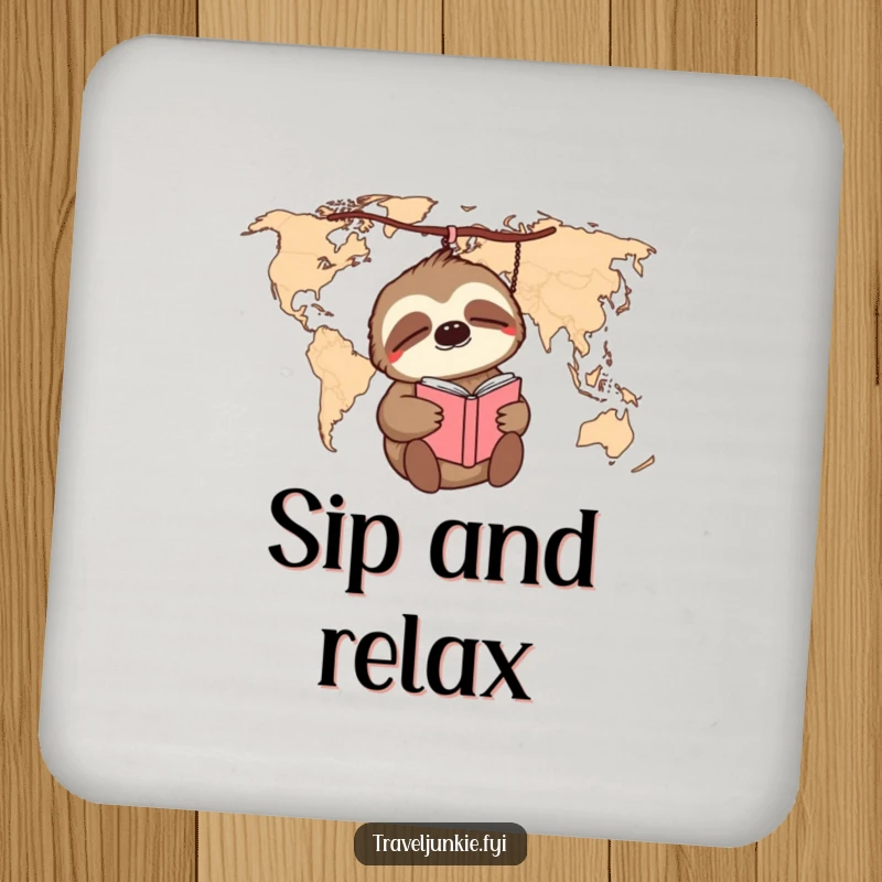 Funny sloth on a world map with a journal on a protective drink coaster, a humorous home accessory.
