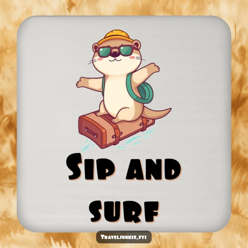 Funny Otter Surfer Coasters: A set featuring a playful otter surfing on a suitcase, protecting surfaces with humor, a funny gift.