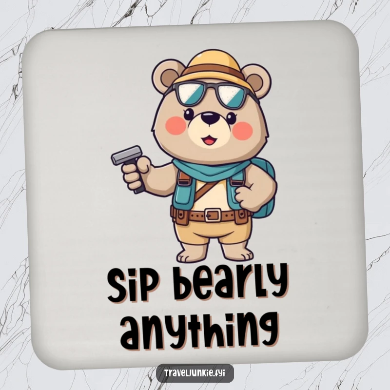 Funny Coaster: A brave bear tourist in a confident pose, adding humor to drink protection.
