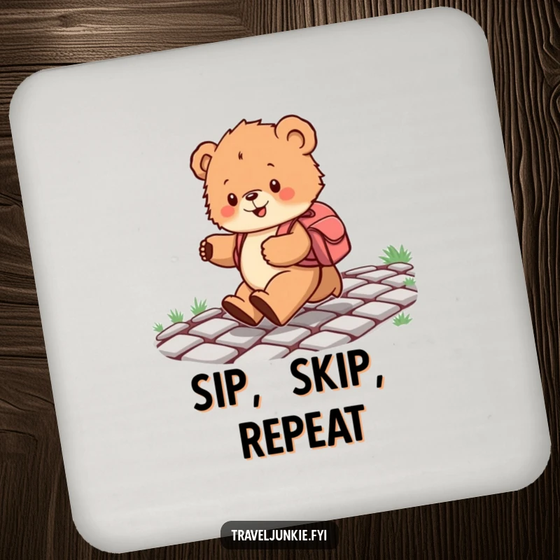 Funny drink coaster showing a bear cub with a backpack skipping happily, providing surface protection with a cute and humorous design.