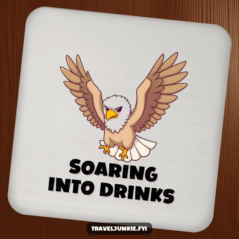 Funny Coaster: A soaring eagle traveler looks down from above, adding humor to drink protection.