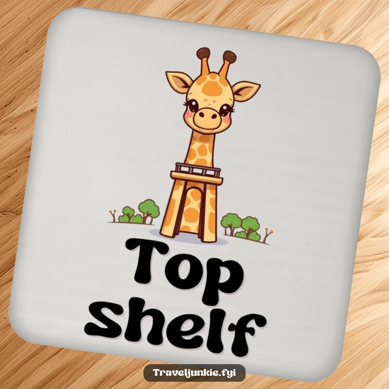 Funny giraffe character looking over a tall landmark, depicted on a drink coaster, protecting furniture with wonder.