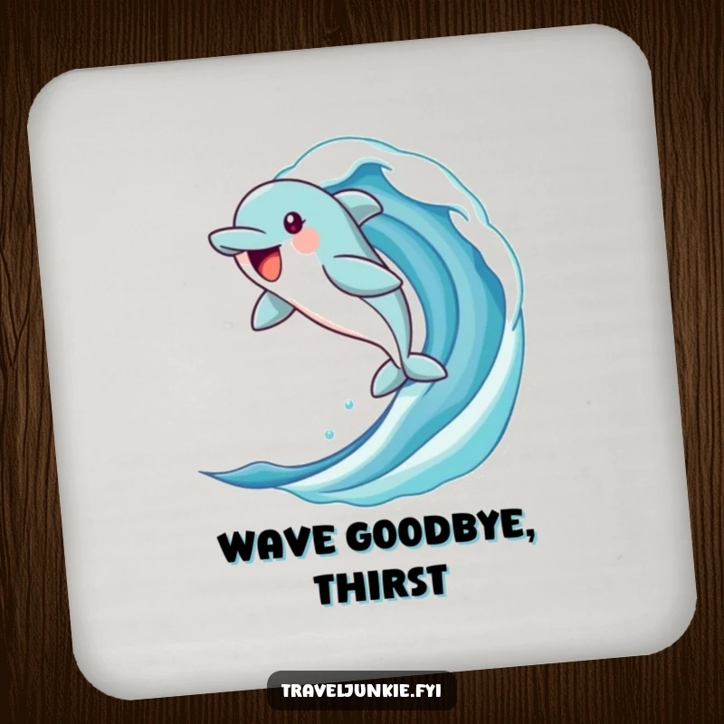 Funny dolphin coasters showcasing a jubilant character leaping from a stylized ocean wave, ideal for protecting surfaces with a humorous ocean touch.