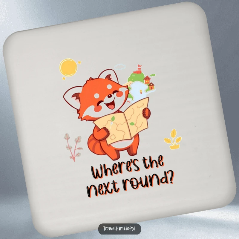 Funny Red Panda Coaster: A happy red panda holds a map and points towards an unknown destination, protecting surfaces humorously.