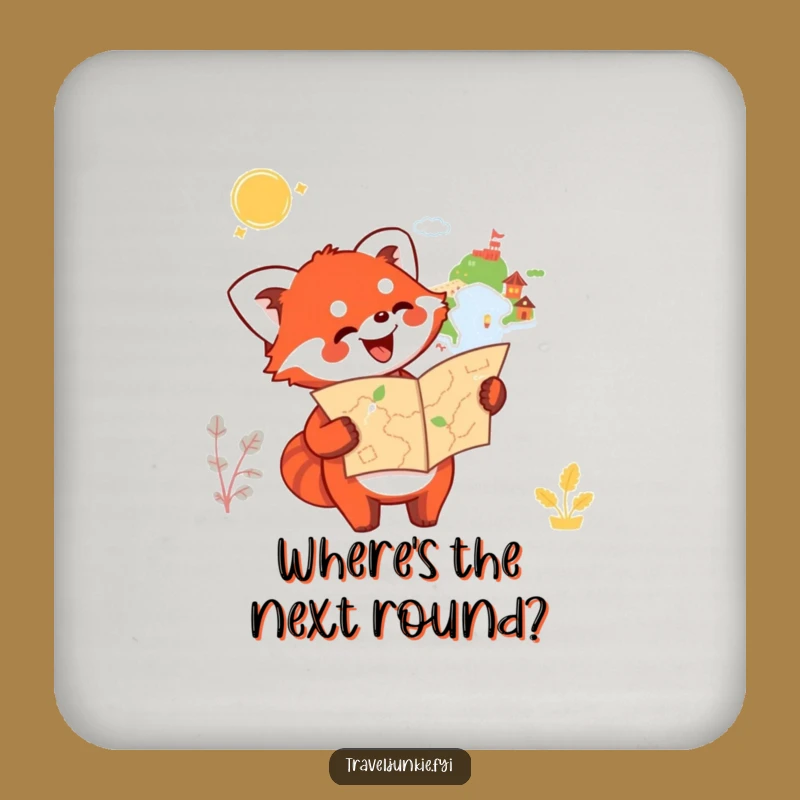 Funny Red Panda Map Drink Coaster: Protect Surfaces with Explorer Art, Humorous Travel Coaster
