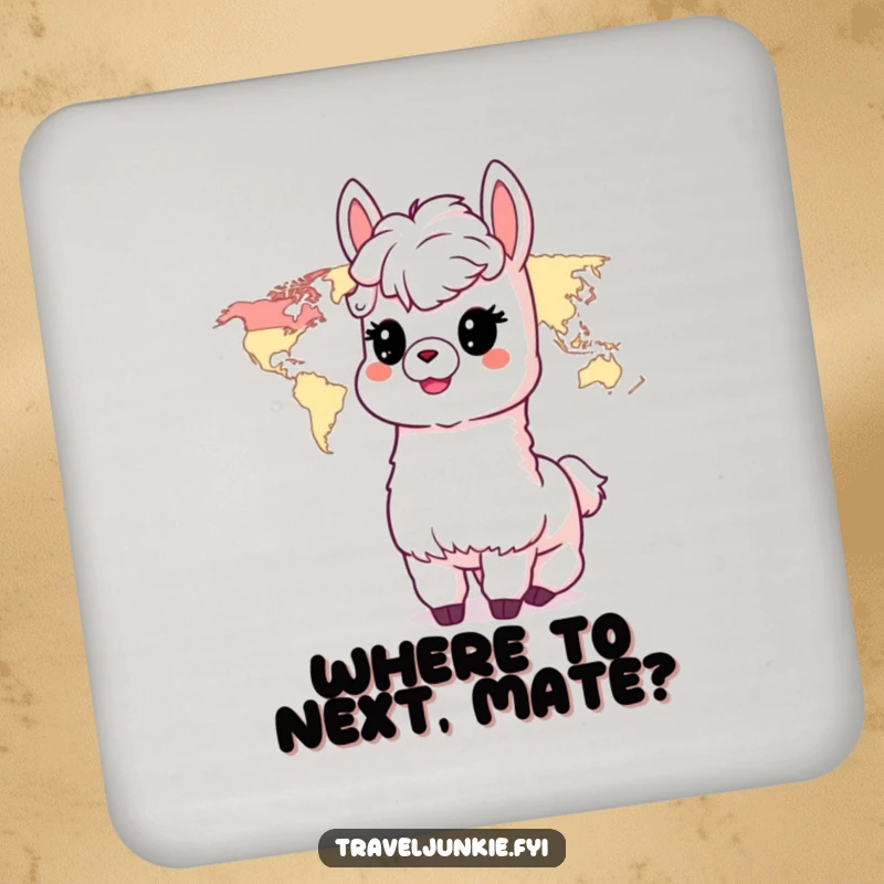 Funny Alpaca Coasters: A delighted alpaca character gazes at a world map, bringing travel vibes to your table.